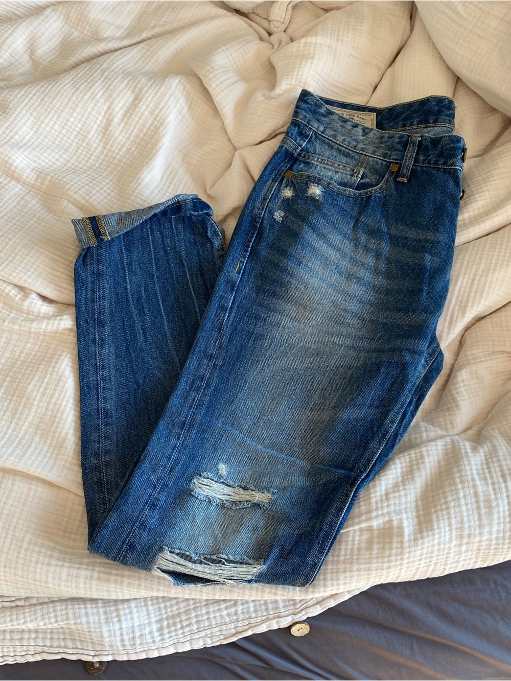 Zara Distressed Dark Blue Boyfriend Jeans
